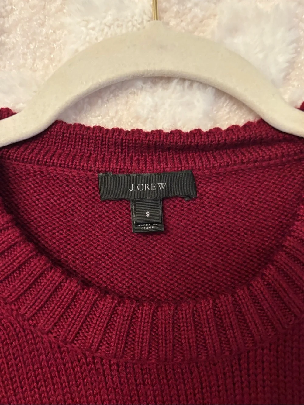 J. Crew Burgundy Crewneck Sweater with Multi-Stripe Trim